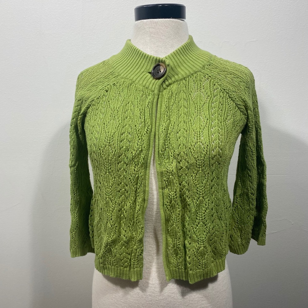 RQT‎ Lime Green Cotton Pointelle Knit Cropped Cardigan Sweater Small 3/4 Sleeve